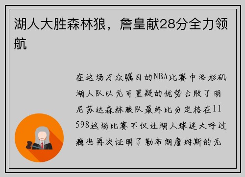 湖人大胜森林狼，詹皇献28分全力领航