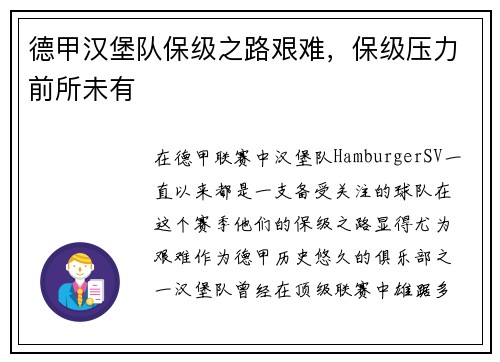 德甲汉堡队保级之路艰难，保级压力前所未有